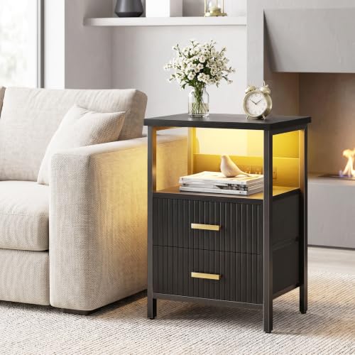 Night Stand with Charging Station (15.7"D x 11.8"W x 23.6"H (2 drawers) / Power+Light (1pc) / Black Fluted)