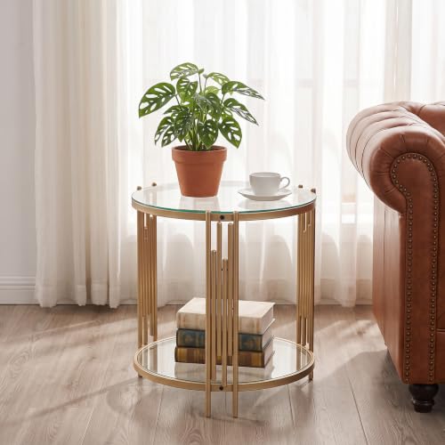 Round Side Table Small Gold End Table Living Room (Gold / 2 Tier)