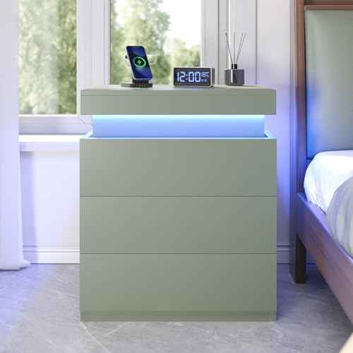 Green Nightstand with Charging Station and LED Lights (Green)