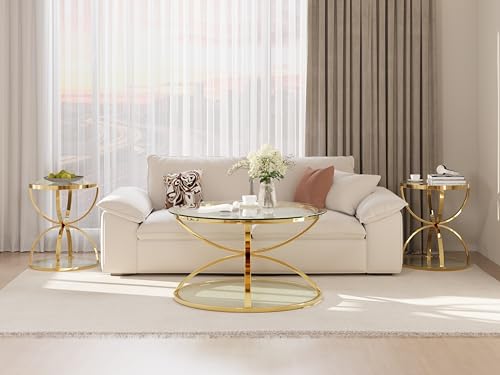 2Pcs Round Glass Coffee Table and End Table Sets with 2 Tiers (Medium / Golden)