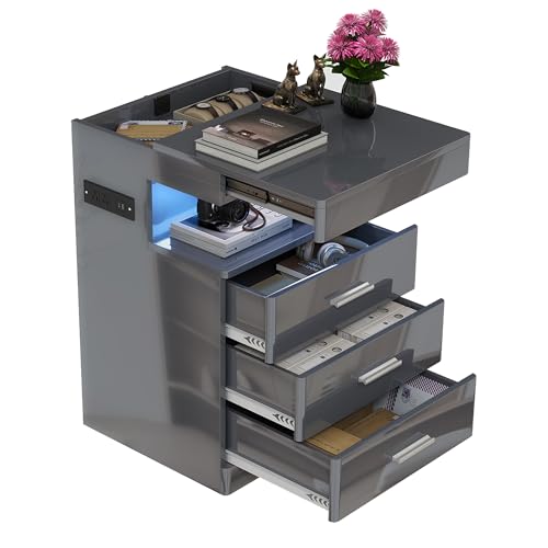 Led Nightstand with Hidden Space & Charging Station (Grey)