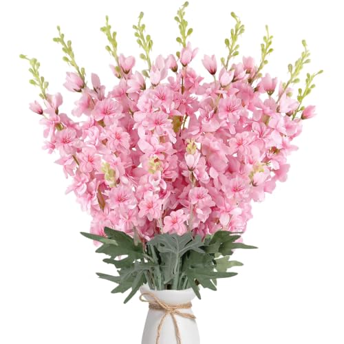 16Pcs Pink Delphinium Artificial Flower 33.5'' Long Stem Silk Pink Flowers (Pink)