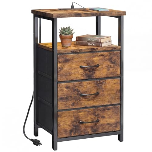 Night Stand with Charging Station (15.7"D x 11.8"W x 26.9"H (3 drawers) / Power (1pc) / Rustic Brown)