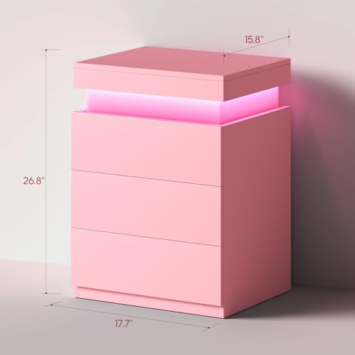 Pink Nightstand with Charging Station and LED Lights (Pink)