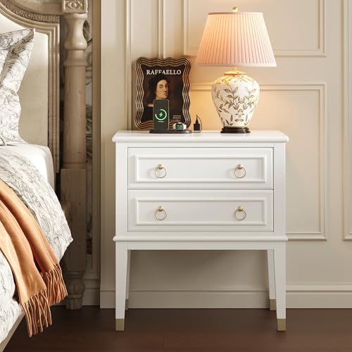 27.6 Inch Tall Nightstand with Charging Station (White)
