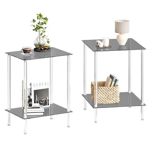 2 Tier Tempered Glass Side Tables (Black / 2 tier Normal)