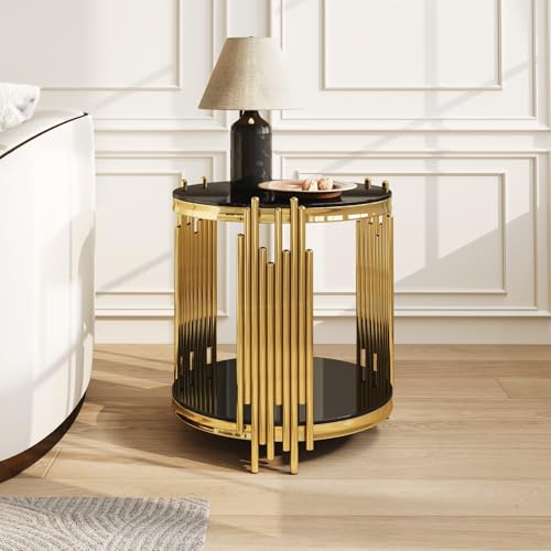 19.7''D Round Glass Side End Table with 2 Tiers (Gold & Black)
