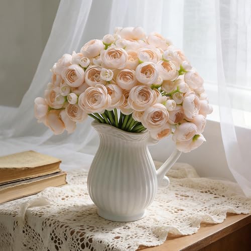 32Pcs Champagne Faux Silk Ranunculus Artificial Flowers Wedding DIY (Light Champagne)