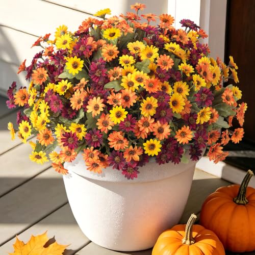 Artificial Fall Flowers Fake Mums Plants for Outdoors Decoration (4 Yellow, 4 Orange, 4 Fuchsia)
