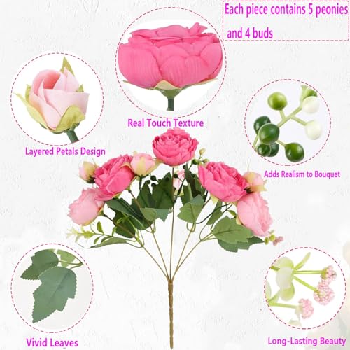 Pink Peonies Artificial Flowers 12 Bouquets (Rose Red + Pink)