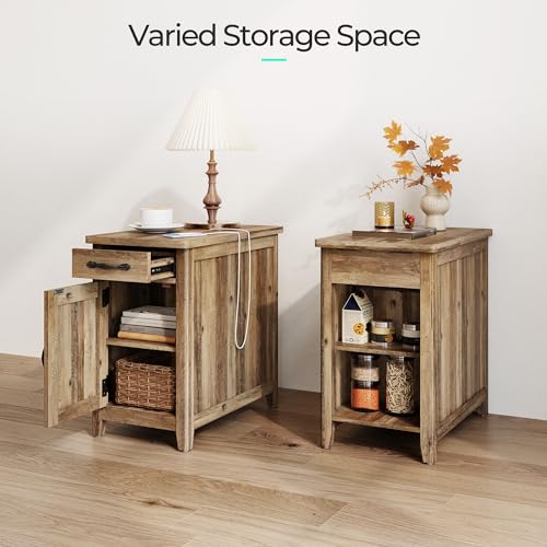 Set of 2 Charging End Tables with USB Ports (Brown / Wood Door)