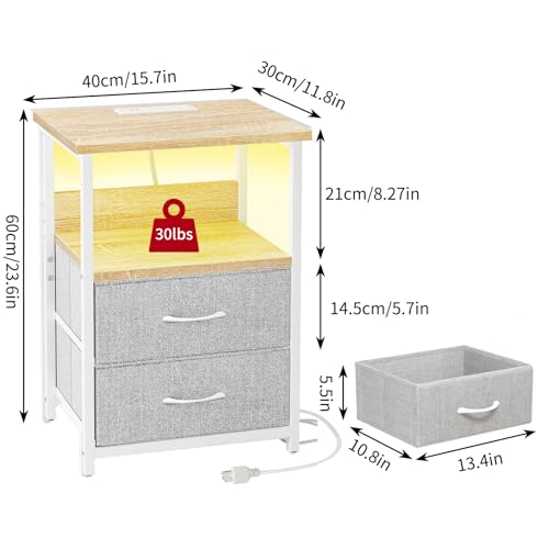 Night Stand with Charging Station (15.7"D x 11.8"W x 23.6"H (2 drawers) / Power+Light (1pc) / Natural Oak & Light Grey)