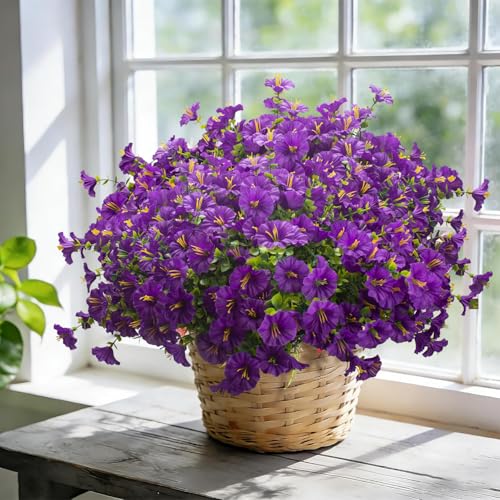 Artificial Faux Flowers for Outdoor 16 Bundles Boxwood Fake Morning Glory for Planter (Purple)