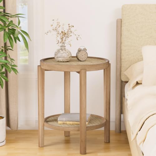 Rattan Round Side Table End Table Set of 2 with Storage Shelf (Natural Oak, Round)