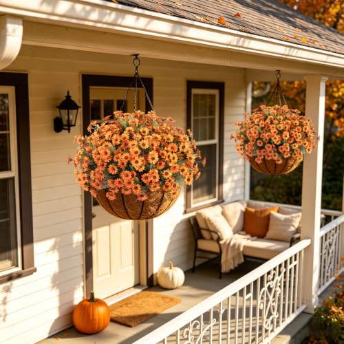 Artificial Fall Flowers Fake Mums Plants for Outdoors Decoration (Orange)