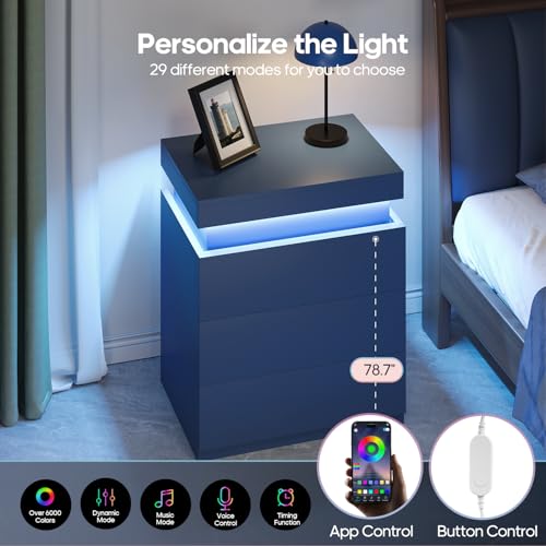 Navy Blue Modern Nightstand with LED Lights (Navy Blue)