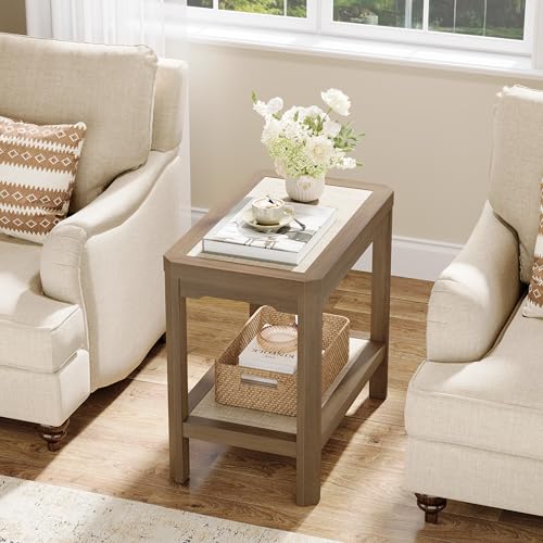 Rattan Side Table End Table Farmhouse Boho Nightstand Set of 2 (Caramel Oak, Geometric Edges)