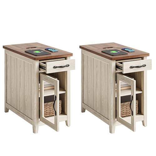 Set of 2 Charging End Tables with USB Ports (Washed Grey and Brown / Glass Door)