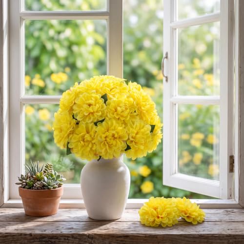 100pcs Yellow Artificial Dahlia Flowers with Stems (Yellow)