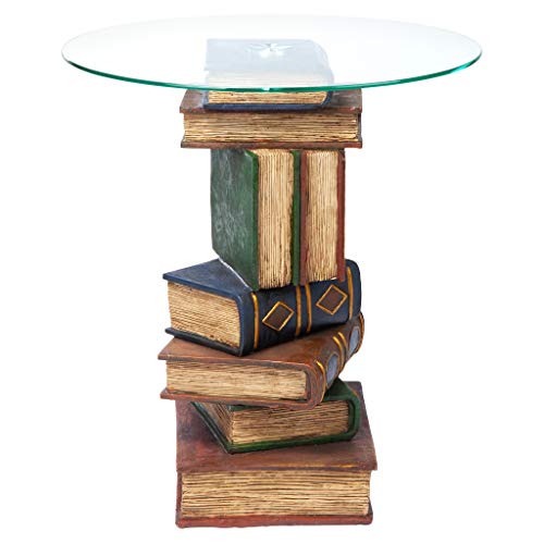 Stacked Volumes Vintage Book Decor End Table with Glass Top