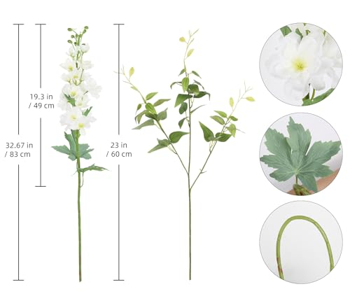 8PCS Artificial Delphinium White Flowers with Clematis Greenery Long Stem Artificial Flowers Cream for Tall Vase for Home Wedding Floral Arrangement Centerpiece Table Decor (Cream White)