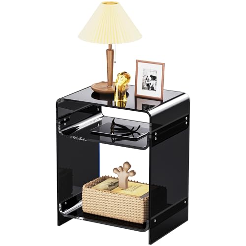 Acrylic End Table Record Player Table with Storage Shelf Clear Side Table Nightstand (Black)