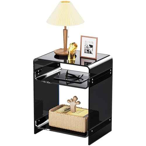 Acrylic End Table Record Player Table with Storage Shelf Clear Side Table Nightstand (Black)