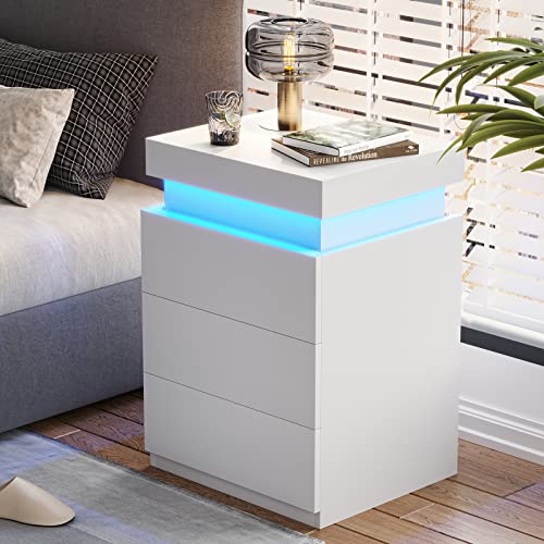 White Nightstand with Charging Station and LED Lights (White)