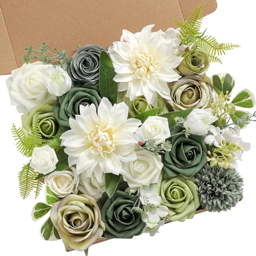 Artificial Flowers Combo Box Set for DIY Wedding Bouquets Centerpieces Arrangements Bridal Shower Party Home Decorations (White & Forest Green)