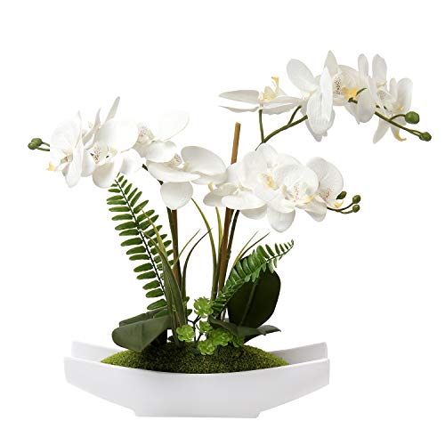 Orchids Artificial Flowers 15" Large Fake Orchid White Phalaenopsis Orchid Flower Arrangements with Vase Faux Orchid for Home Living Room Table Centerpiece Office Table Decor (White#4)