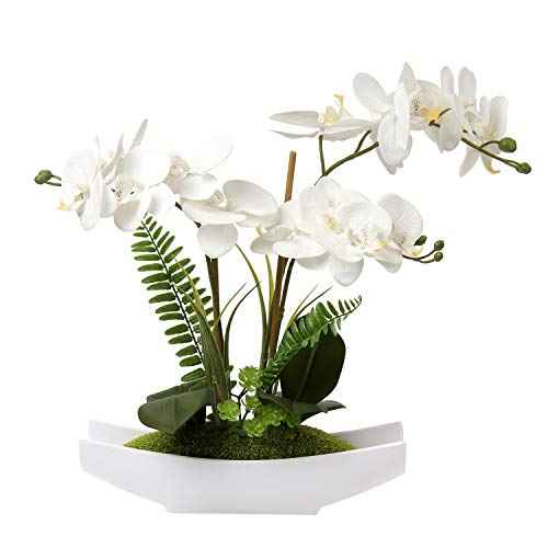 Orchids Artificial Flowers 15" Large Fake Orchid White Phalaenopsis Orchid Flower Arrangements with Vase Faux Orchid for Home Living Room Table Centerpiece Office Table Decor (White#4)