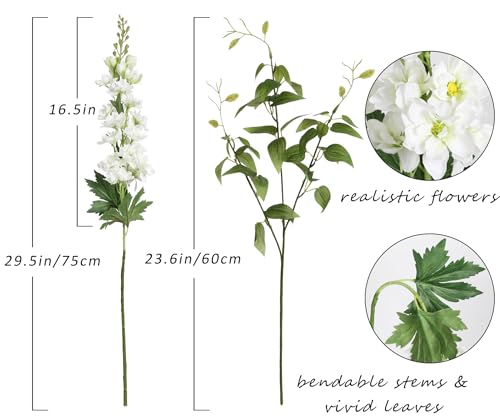 8PCS White Artificial Delphinium Flowers with Clematis Greenery Long Stem Flowers 29.5" Larkspur Artificial Flowers for Wedding Centerpieces Silk Flowers for Home Decor Indoor (White)