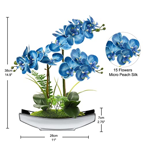 Orchids Artificial Flowers 15" Blue Phalaenopsis Orchid with Silver Pots Real Touch Faux Orchids for Home Office Bedroom Living Room Table Decoration (Blue#2)