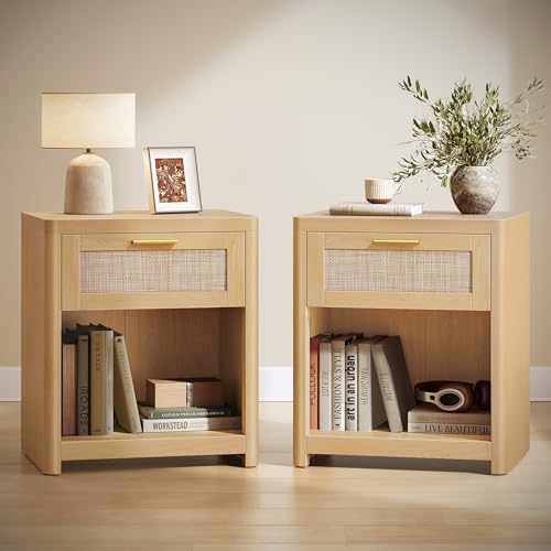 Set of 2 Boho Nightstands with Rattan (Oak Beige / 15"D x 18.9"W x 23.6"H-BOHO)