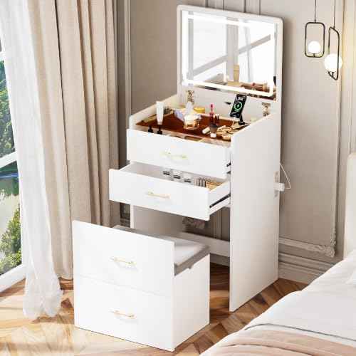 3-in-1 Vanity Desk Set with Stool, Small Flip-Up Makeup Table, White (White / 23.8 Inch)