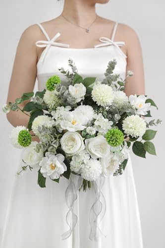 Artificial Flowers Combo for DIY Centerpieces Arrangements Wedding Bridal Bouquet Baby Shower Cake Flower Home Decor (White&green)