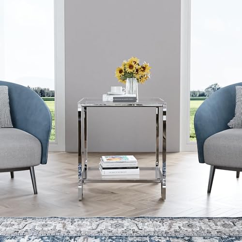 2 Tier Square End Table Side Table with Tempered Glass Top and Silver Stainless Steel Frame Modern Night Stand for Small Spaces Side Table with Storage for Living Room Bedroom (Silver / Style 1)