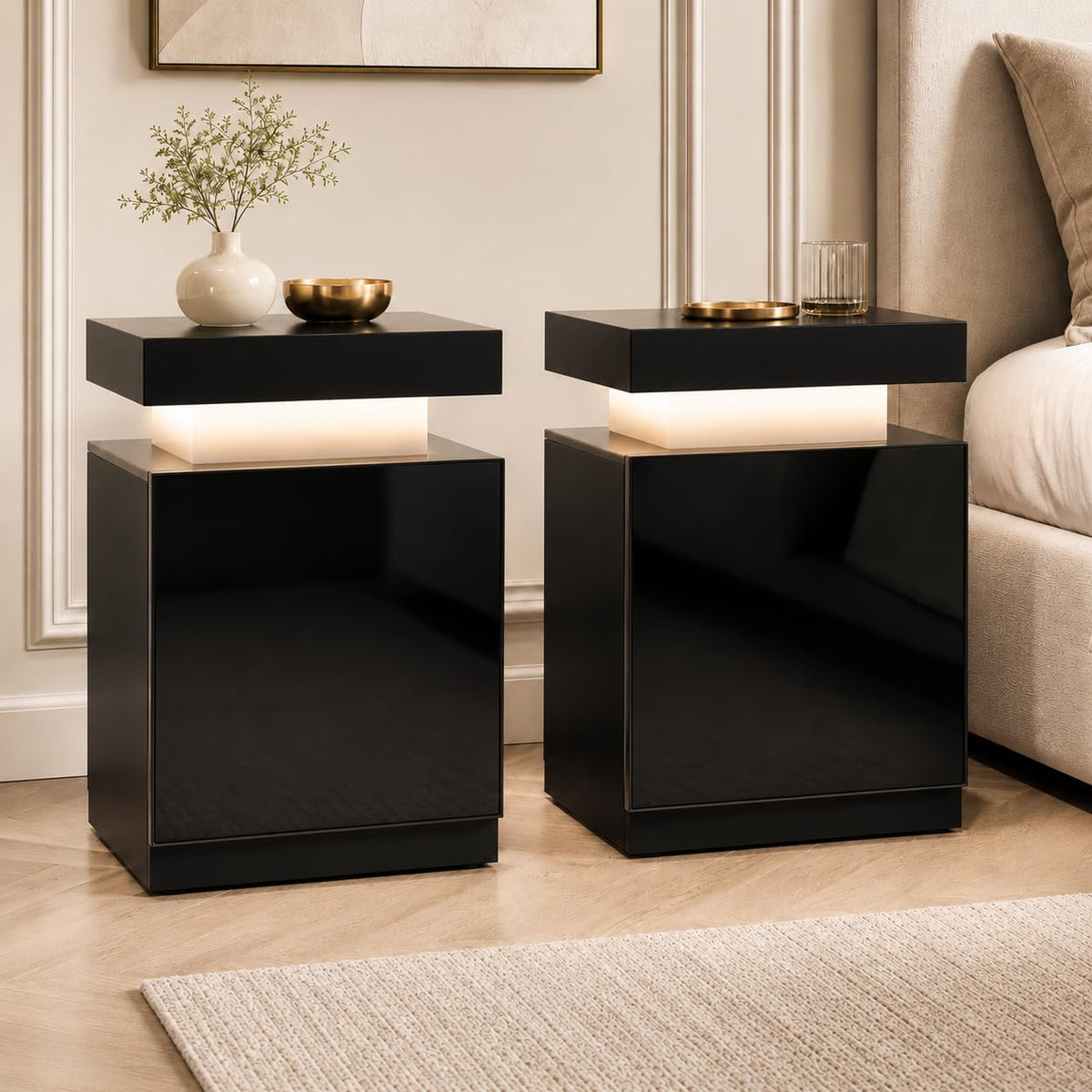 Nightstand Set of 2 with RGB LED Lights (Black / 17.7 inch-2P)