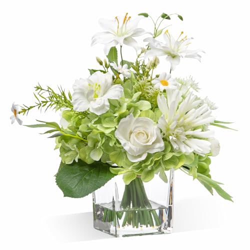 Artificial Flowers in Vase with Fake Water (White & Green)