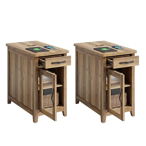 Set of 2 Charging End Tables with USB Ports (Brown / Glass Door)