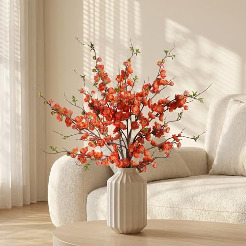 4PCS Cherry Blossom Branches Artificial Plum Blossom Fake Flowers Silk Flowers 35.4'' Artificial Flowers Long Stem Artificial Flowers for Tall Vase for Indoor Home Decoration (Orange)
