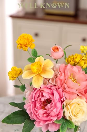 Artificial Flowers Centerpieces in Glass Vase with Fake Water (Yellow, Coral & Hot Pink)