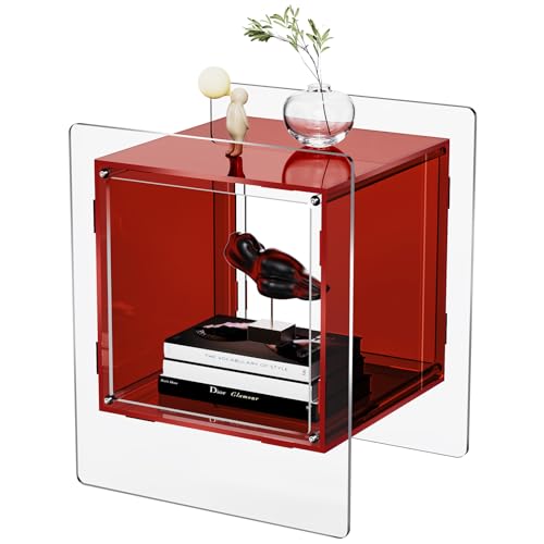 Acrylic Nightstand Colorful Bedside Table with Open Storage Shelf (Red)