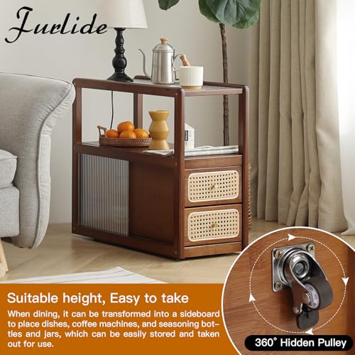 Rattan Nightstand Side Table with Storage (Walnut)