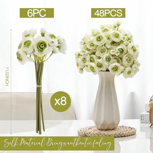 48 Pcs Ranunculus Artificial Flower (White,green)