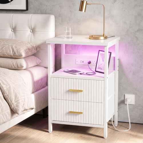 Night Stand with Charging Station (15.7"D x 11.8"W x 23.6"H (2 drawers) / Power+Light (1pc) / White Fluted)