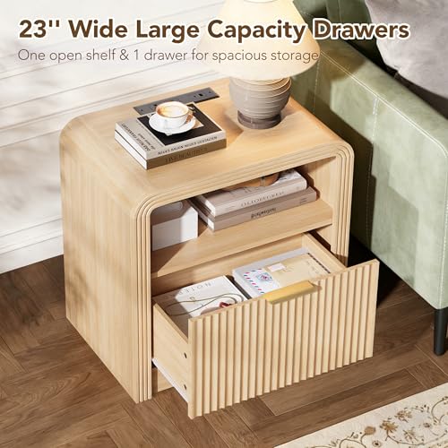 23'' Wide Fluted Nightstand Set of 2 with Charging Station (Oak / 1 Drawer & Open Shelf)