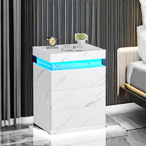 Modern Nightstand with LED Lights (White Marble)
