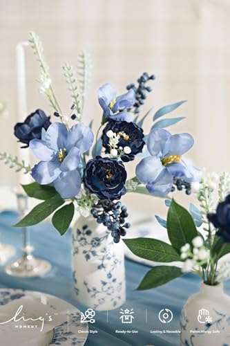 Navy Blue Fake Flowers Artificial Faux Greenery Stems 59pcs (Blu-dark Green & Navy)