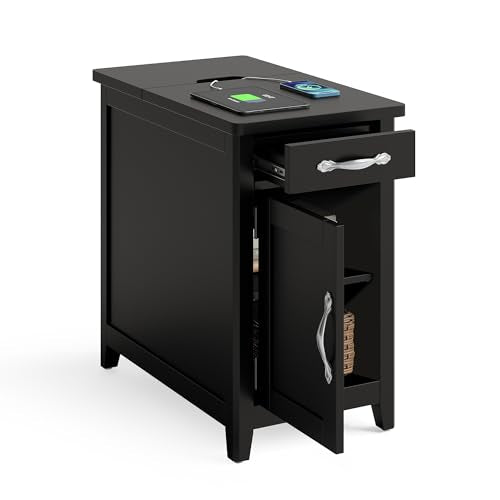 Set of 2 Charging End Tables with USB Ports (Black / Wood Door)